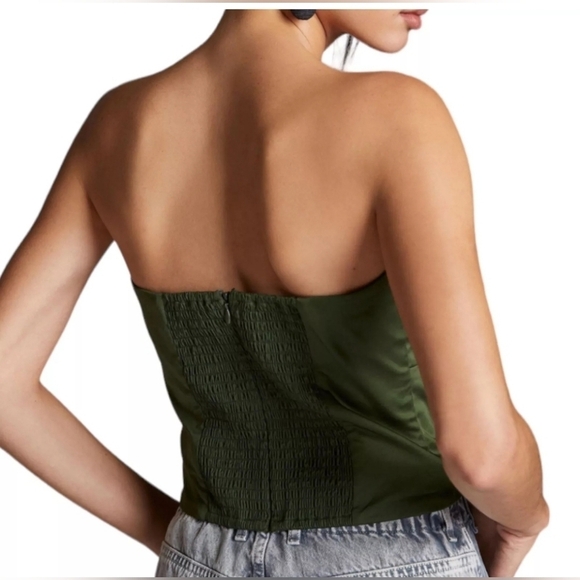 Anthropologie Hutch Dark Satin Green Bow Tie Tube Zip Up Top Blouse Size L - Picture 3 of 12